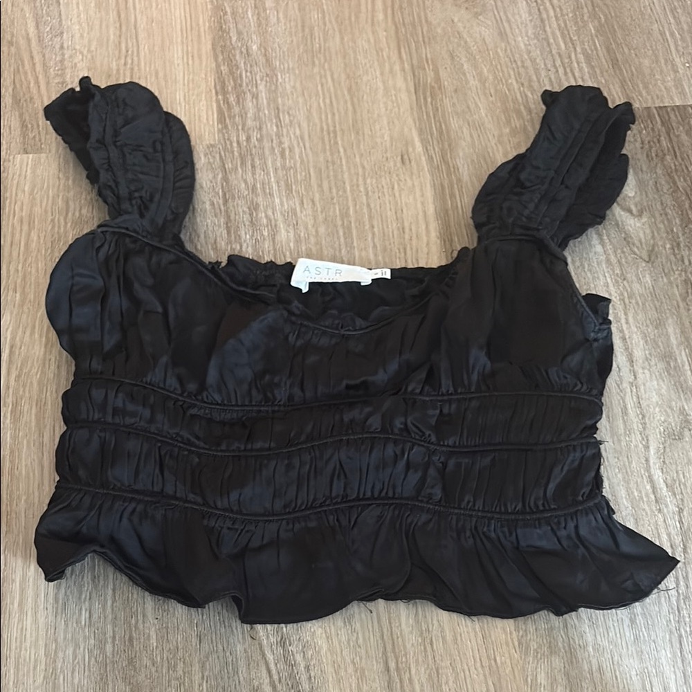 Astr Black Flutter Sleeve Smocked Blouse